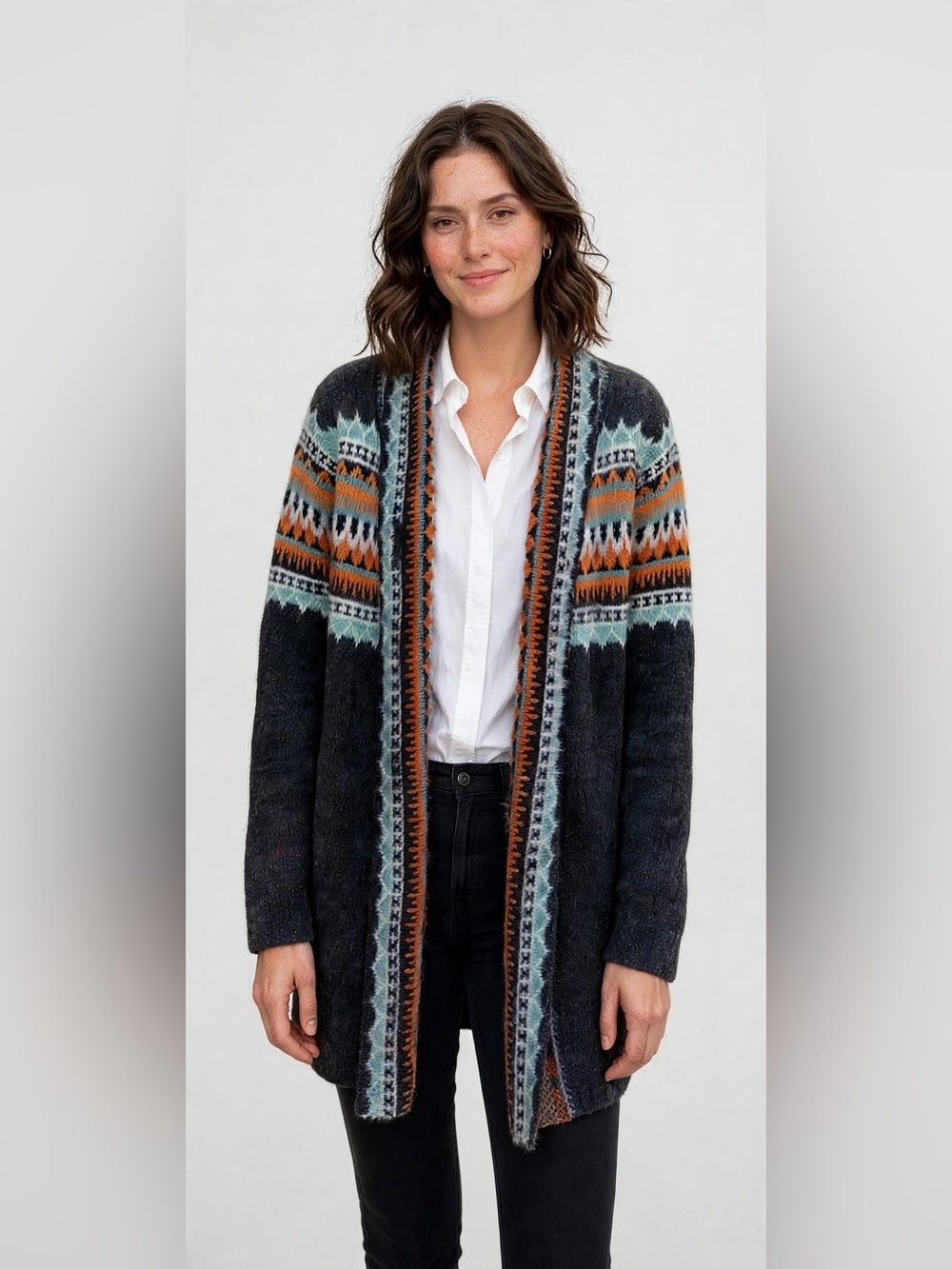 NWOT Anama Charcoal Open-Front Cardigan with Orange & Cream Accents